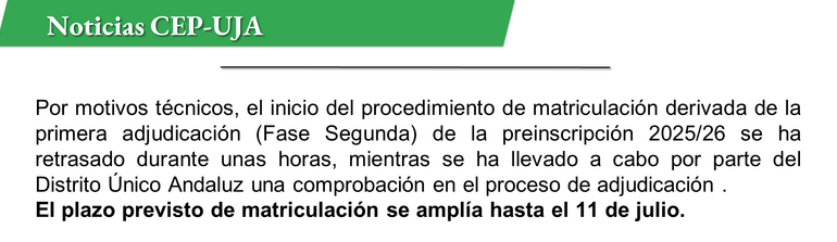 AVISO: Matriculación derivada de la 1ª lista de adjudicación